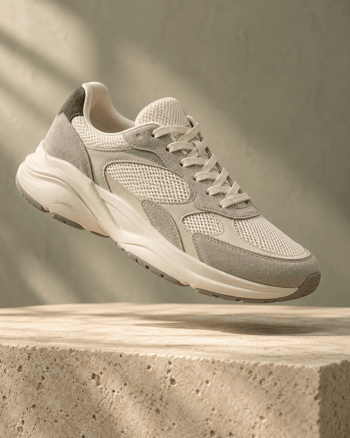 Cream sneaker floating above a textured stone plinth